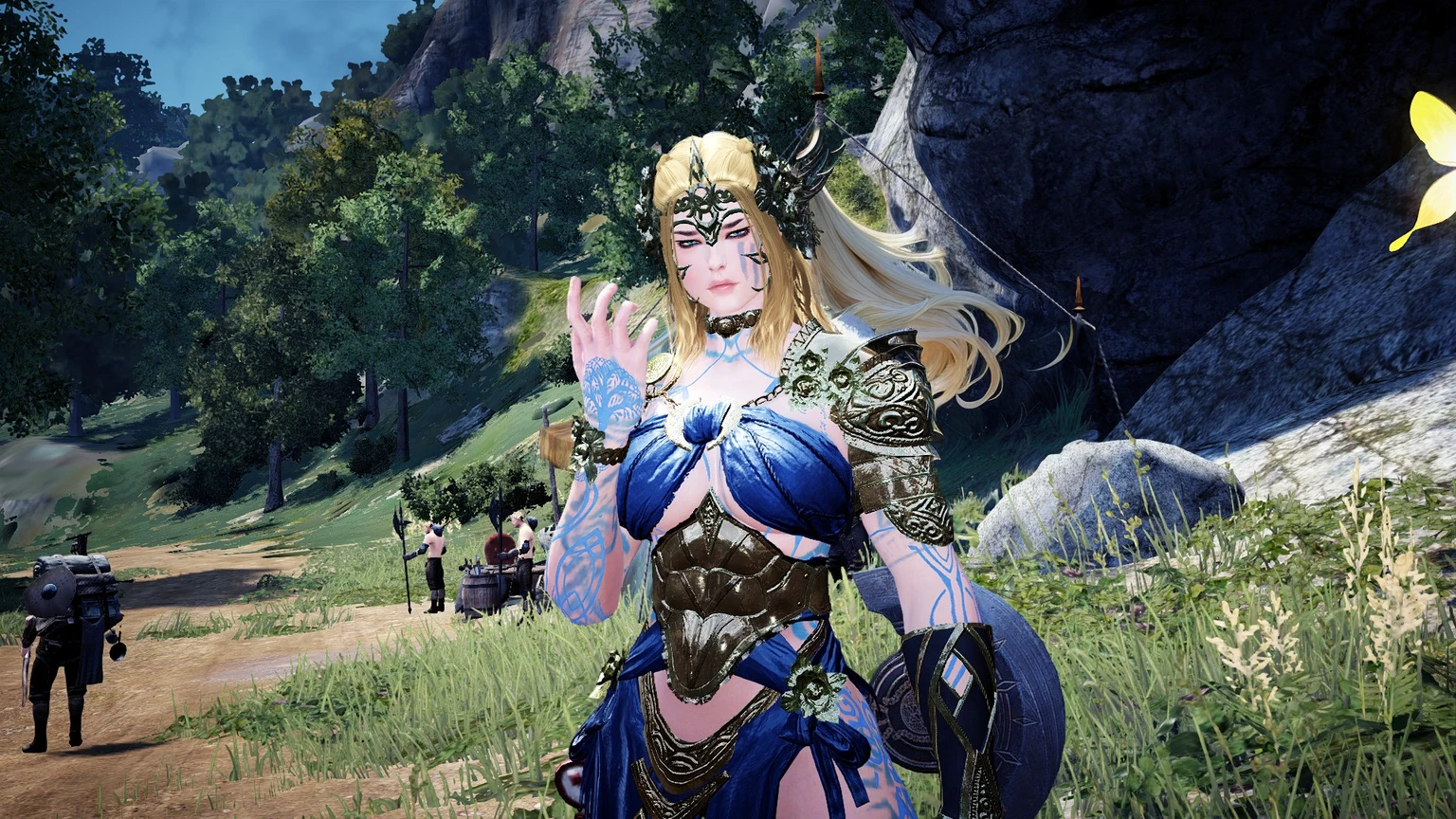 There's a costumed woman standing in a field, extremely detailed goddess photo, a very beautiful berserker woman, ornate bikini armor, beautiful female cleric, wearing shiny plate, powerful and plump sorceress, final fantasy style 14, but the armor covers her face, 8k Character Details, Granblue pattern, seductiv