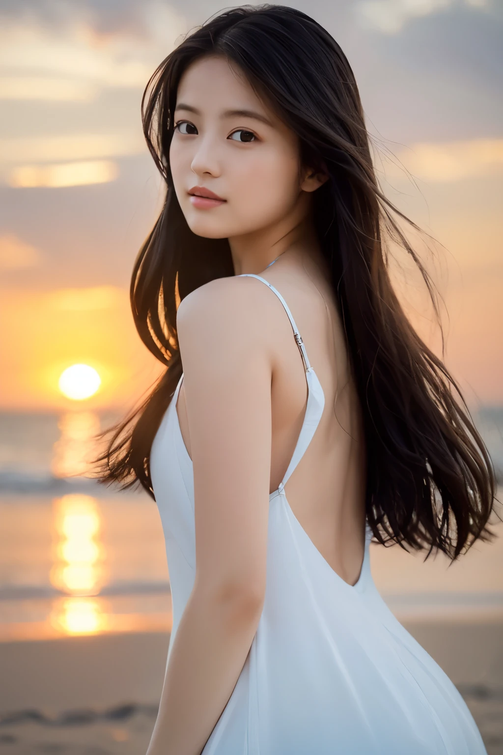 Create a high-quality, hyper-realistic portrait of a very beautiful Japanese idol. She is wearing a clean white summer dress and is squatting on the beach during sunset at sea. The deep indigo of the night sky contrasts with the last vestiges of crimson near the horizon, with swaying waves in the background. The girl has semi-long hair and a slender body with small breasts. The photo should capture her with detailed eyes, a detailed face, and a beautiful, sophisticated nose. The image should have a realistic, delicate, and finely detailed quality, suitable for a fashion magazine cover. Use cinema lighting and soft light to enhance her features. Ensure the photo is of the highest quality, with a resolution of 8K, making it perfect for a 2K wallpaper.