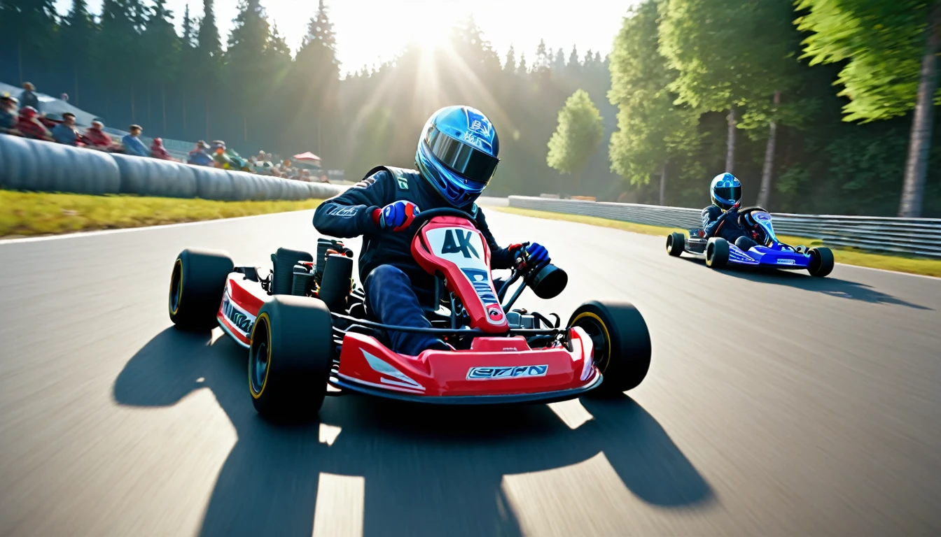 Professional kart racing, cinematic lighting, ray tracing, lens flare, multiple views, wide shot, En plein air, UHD, retina, accurate, textured skin, super detail, high details, highres, 4K, best quality