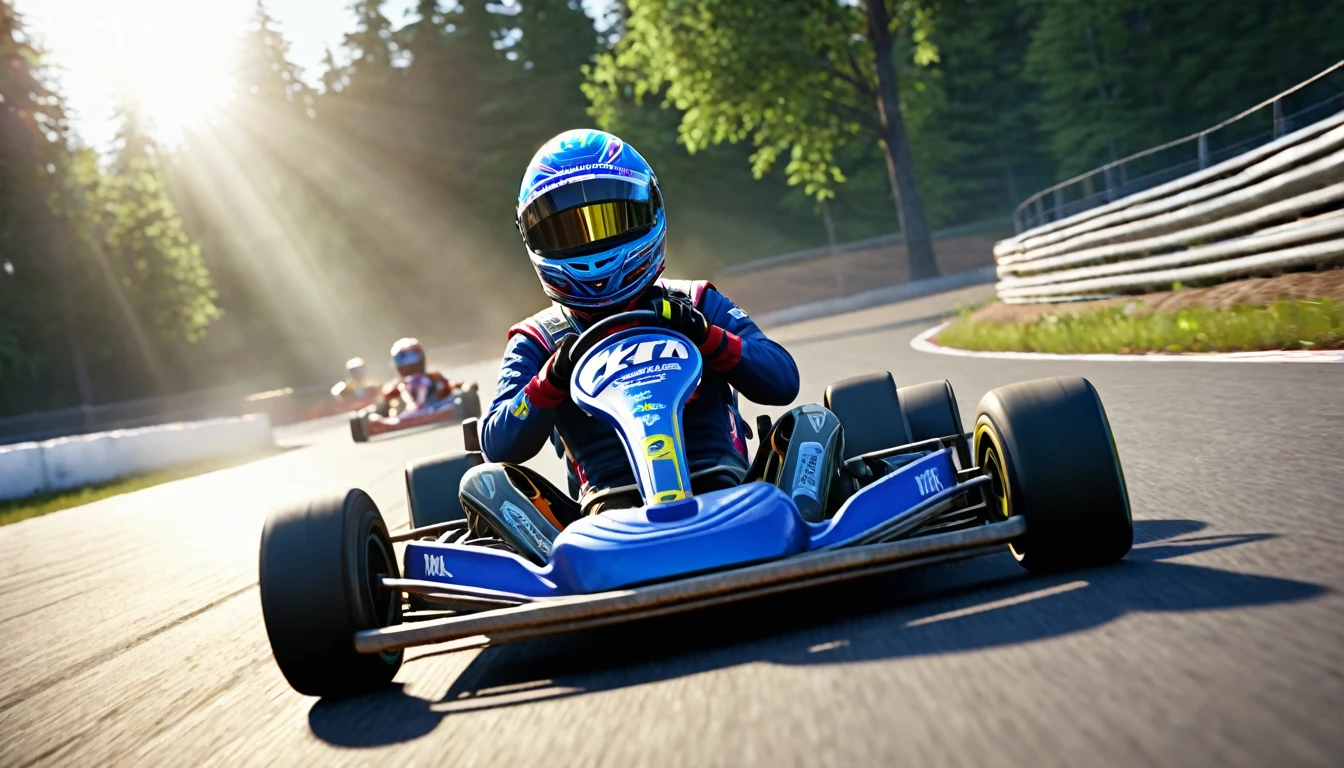 Professional kart racing, cinematic lighting, ray tracing, lens flare, multiple views, wide shot, En plein air, UHD, retina, accurate, textured skin, super detail, high details, highres, 4K, best quality