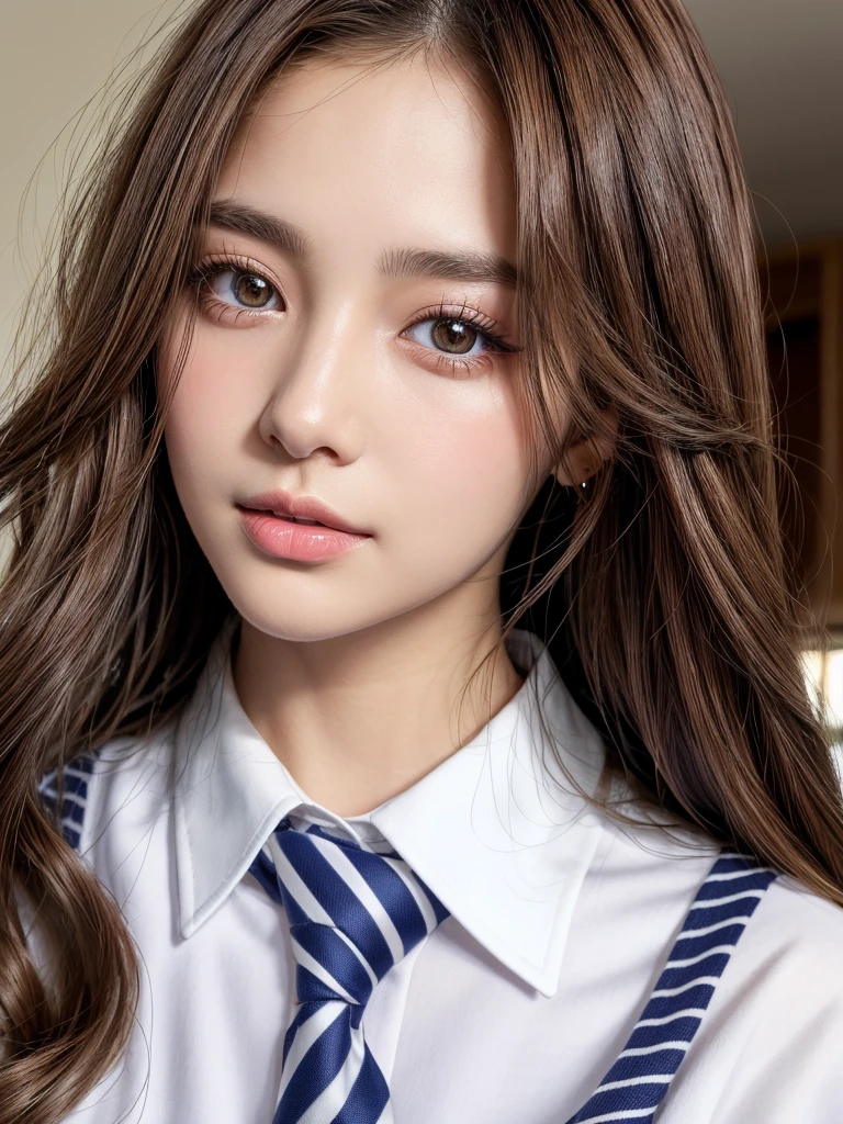 (Tabletop:1.4, Photorealistic:1.4, 8K), Highest quality, masterpiece, Ultra-high resolution, Perfect dynamic composition, Big Face、Round face、((Light brown hair, Long Hair, Layered Hair))、Highly detailed skin and facial textures:1.3, Limb details, 1 Girl, Cute sexy 22 year old woman, (Sunburn:1.0), ((Totally captivates you:0.9)), ((school uniform, White collar short sleeve shirt, Striped tie)),Medium Chest, (Distant eyes, Beautiful Eyes, Brown eyes、Beautiful erotic eyes:0.85), Sexy Face:0.4, (Mouth closed、Small Mouth、Thick lips、A taste of beautiful eroticism:0.85), ((Too cute beauty:0.9))、Gal Makeup、((Extreme close up))