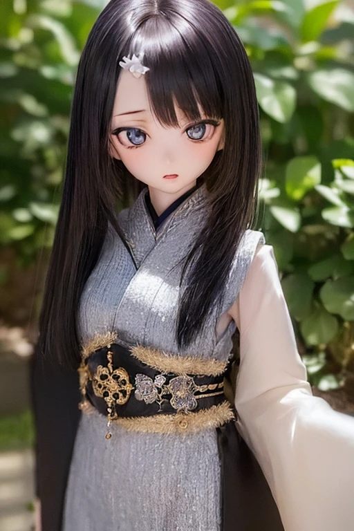 (SFW:2), photorealistic, realistic photo, ((highest quality)), ((masterpiece)), detailed, kukolnydom, doll, (mature woman, 22yo, 22 years old:1.6), solo, ((cowboy shot, standing, black kimono, skinny, slender, slim, parted lips)), green eyes, black hair, long hair, (looking at another, blank eyes, empty eyes, detailed eyes, detailed face:1.3), hair ornament, Japanese garden, 8k