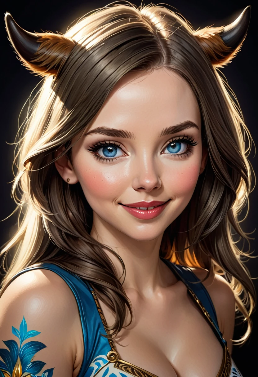 Create an illustrated, hand-drawn, full-color image of an humanoid, hybrid, anthropomorphic, sexy bovine woman. The artwork should be rendered in the style of "Breath of the Wild," featuring warm lighting and shadows. Include graphite shading, stencil marks, and airbrushed acrylic paint effects. The image should be of the highest quality, a masterpiece with intricate details. cow nose, cow ears. The bovine woman should have a female, humanoid, appearance. She should have luscious lips, a wide smile, and bright, expressive eyes, exuding beauty, cuteness, and adorableness. Ensure the image is high resolution and sharply detailed, with a detailed and vibrant background. Scarlett Johanson, Alison Brie, Dove Cameron Incorporate mystical lighting in the background, creating a romantic and enchanting atmosphere.
