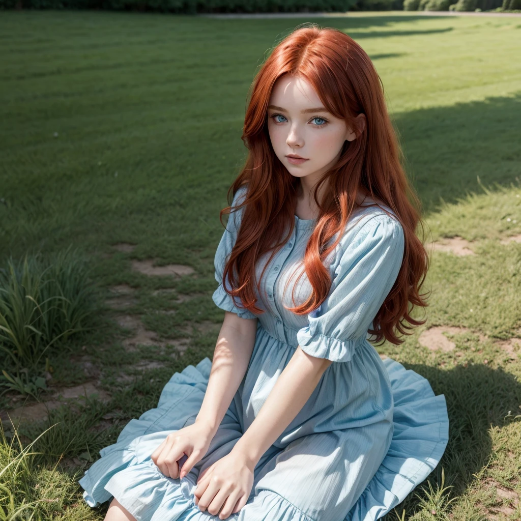 A red-haired blue-eyed princess with wavy hair sitting on a lawn in a beautiful field