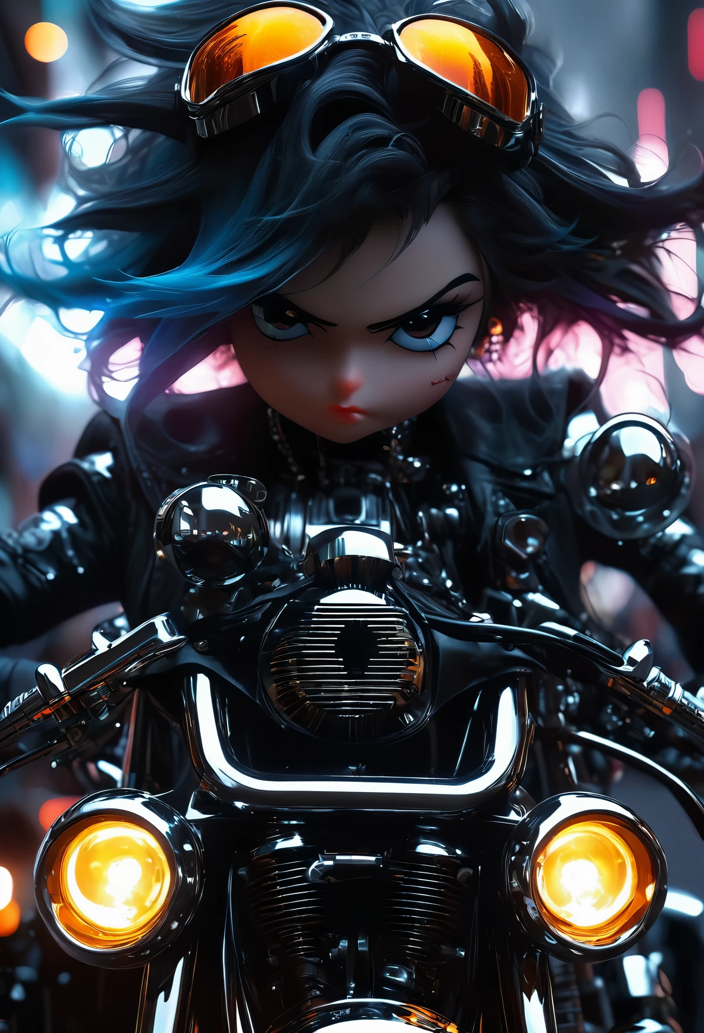 estilo anime:1.3, vista de perfil, a highly detailed harley davidson motorcycle, hyper realistic, photorealistic, 8k, masterpiece, intricate mechanical details, chrome, shiny metallic body, glossy paint, dynamic angles, dramatic lighting, cinematic mood, depth of field, gritty urban background, moody atmosphere