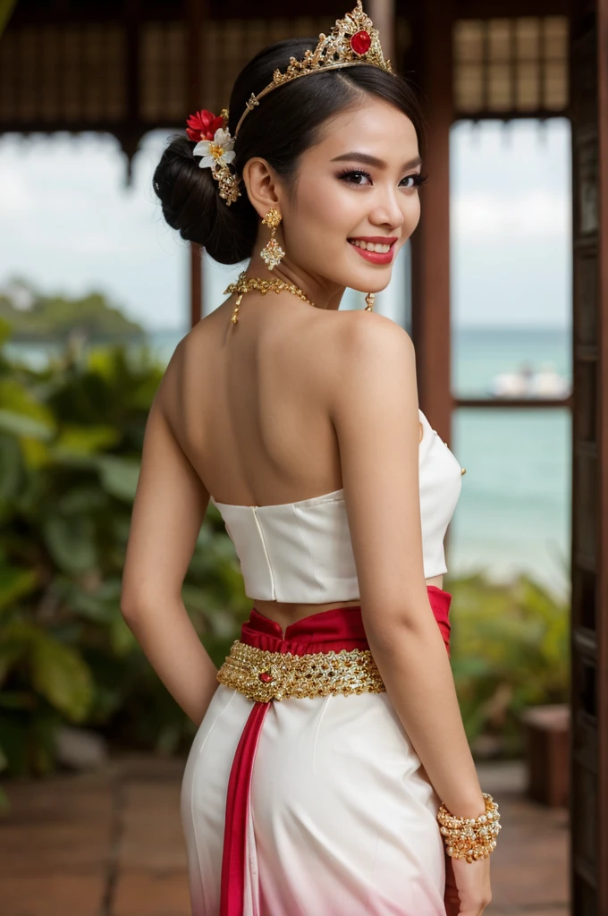 (masterpiece), best quality, ultra high res, , (princess:1.3), standing, (NSFW), lace underwear, beautiful face,( thailand tradition house:1.3),,(cute girl:1.3), ( thai white red ombre detailed traditional dress:1.3),(traditional body strap:1.2) big  ,detailed background , gloves, hair bun, , big hair_ornament, ear ornaments, ear peice, ear jewelries, big crown, big jewelry, hair_stick, jewelry, necklace, bracelets,  arms jewelry, (seductive:1.3), ( looking at viewer:1.5) , ocean,flowers, beautiful day, close eyes, enjoying the breeze ,beautiful smile, back angle 