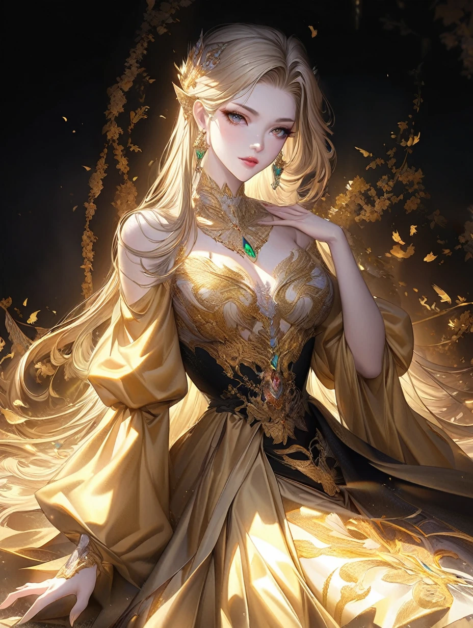 blond woman in a golden dress with a jewel necklace and earrings, a beautiful fantasy empress, ((a beautiful fantasy empress)), beautiful character painting, beautiful and elegant elf queen, fantasy art style, gilded lotus princess, anime fantasy illustration, extremely detailed artgerm, beautiful alluring anime woman, elegant gold skin, by Yang J, blonde - haired princess