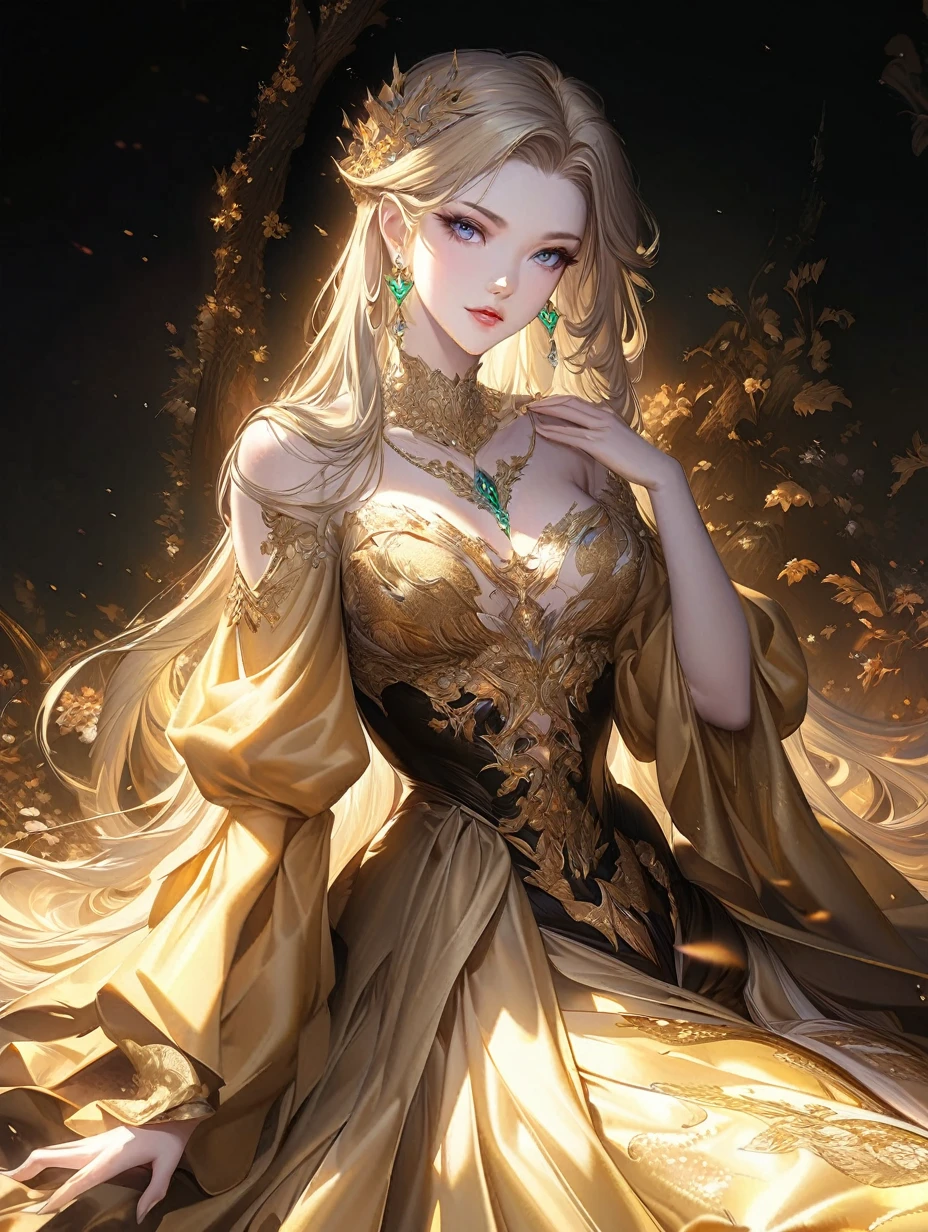 blond woman in a golden dress with a jewel necklace and earrings, a beautiful fantasy empress, ((a beautiful fantasy empress)), beautiful character painting, beautiful and elegant elf queen, fantasy art style, gilded lotus princess, anime fantasy illustration, extremely detailed artgerm, beautiful alluring anime woman, elegant gold skin, by Yang J, blonde - haired princess