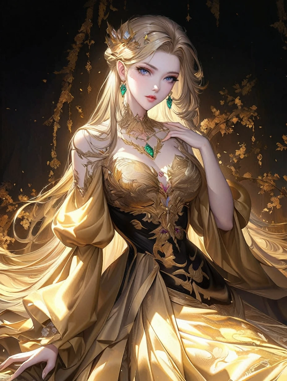 blond woman in a golden dress with a jewel necklace and earrings, a beautiful fantasy empress, ((a beautiful fantasy empress)), beautiful character painting, beautiful and elegant elf queen, fantasy art style, gilded lotus princess, anime fantasy illustration, extremely detailed artgerm, beautiful alluring anime woman, elegant gold skin, by Yang J, blonde - haired princess