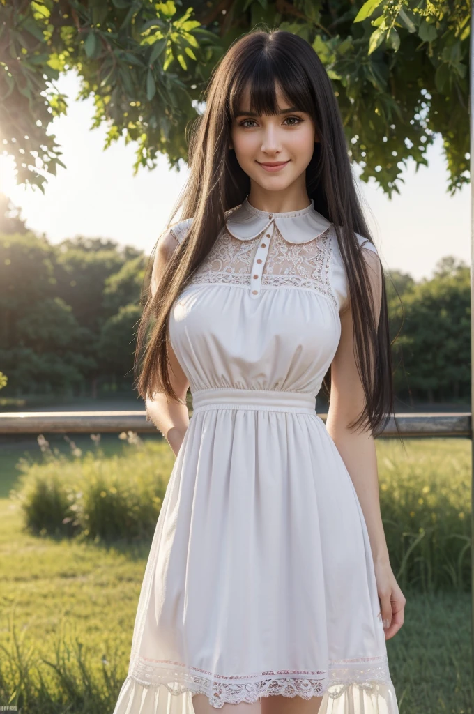 (best quality,4k,8k,highres,masterpiece:1.2),ultra-detailed,realistic, girl, long straight black hair, bangs, beautiful detailed eyes, beautiful detailed lips, smiling, pale skin, small nose, narrow waist, large breasts, pink sun dress, white lace trim, (steel slave collar), outdoors, vibrant colors, soft lighting, full length picture