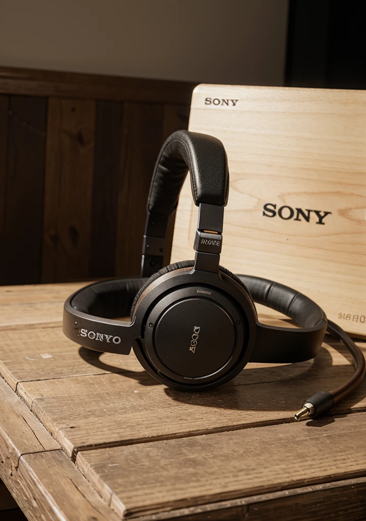 An SR60e headphone on a wooden table next to a Sony 4k camera and a notebook