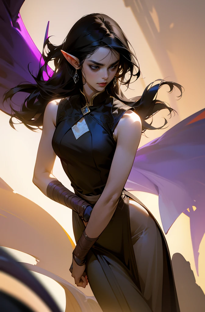 brown skin, older woman, sexy, tall, brown skin, one wing, black hair, elf, elf ears, horns, sleeveless, purple, dramatic compositions, Cinematic lighting, Ray tracing, dramatic shadows