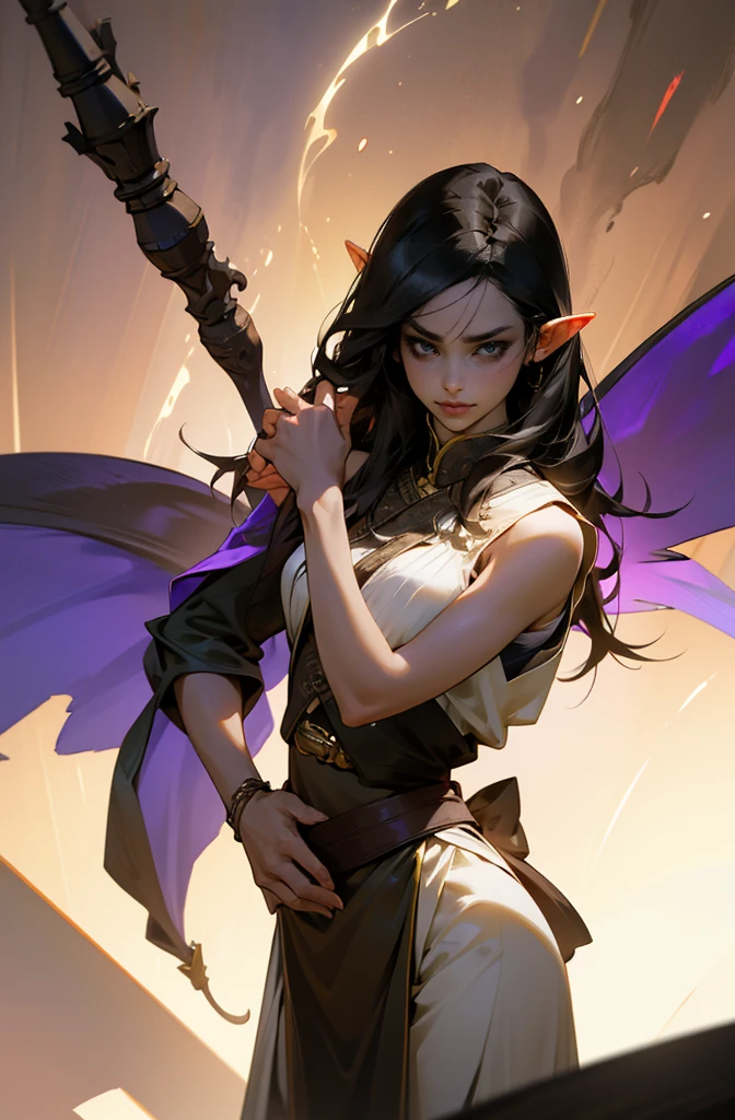 brown skin, older woman, sexy, tall, brown skin, one wing, black hair, elf, elf ears, horns, sleeveless, purple, dramatic compositions, Cinematic lighting, Ray tracing, dramatic shadows