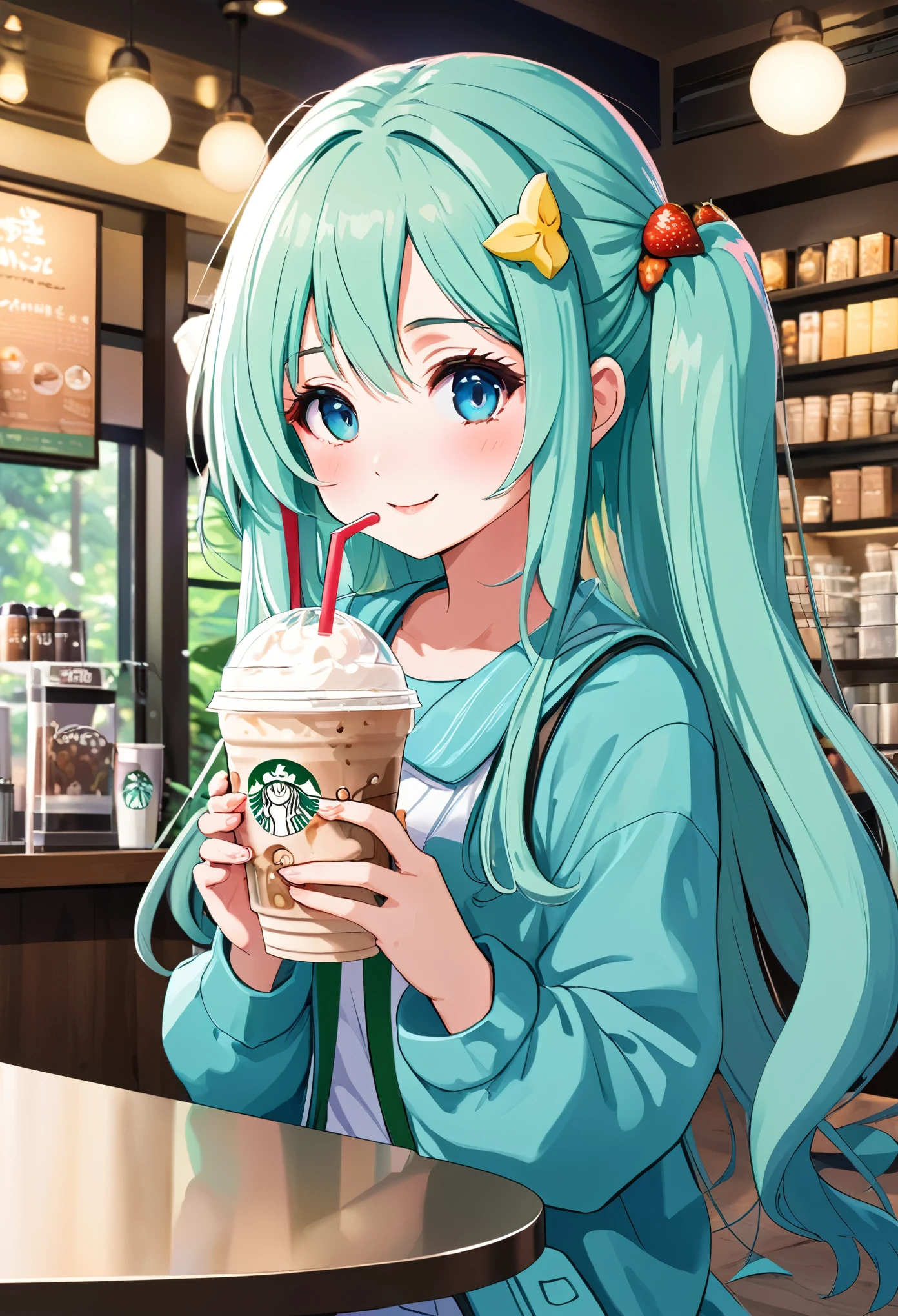 アニメのちびキャラ drinking starbucks coffee with a straw in her hand, A lively Starbucks interior in the forest、Light blue long hair、Twin-tailed anime chibi character、Banana Frappuccino、A cute anime chibi character with a bright smile, (Anime Girls), Cute girl anime visuals, Mysterious Coffee Shop Girl, young Anime Girls, Beautiful anime art style, Anime illustration, beautiful Anime Girls, Drink strawberry iced latte
