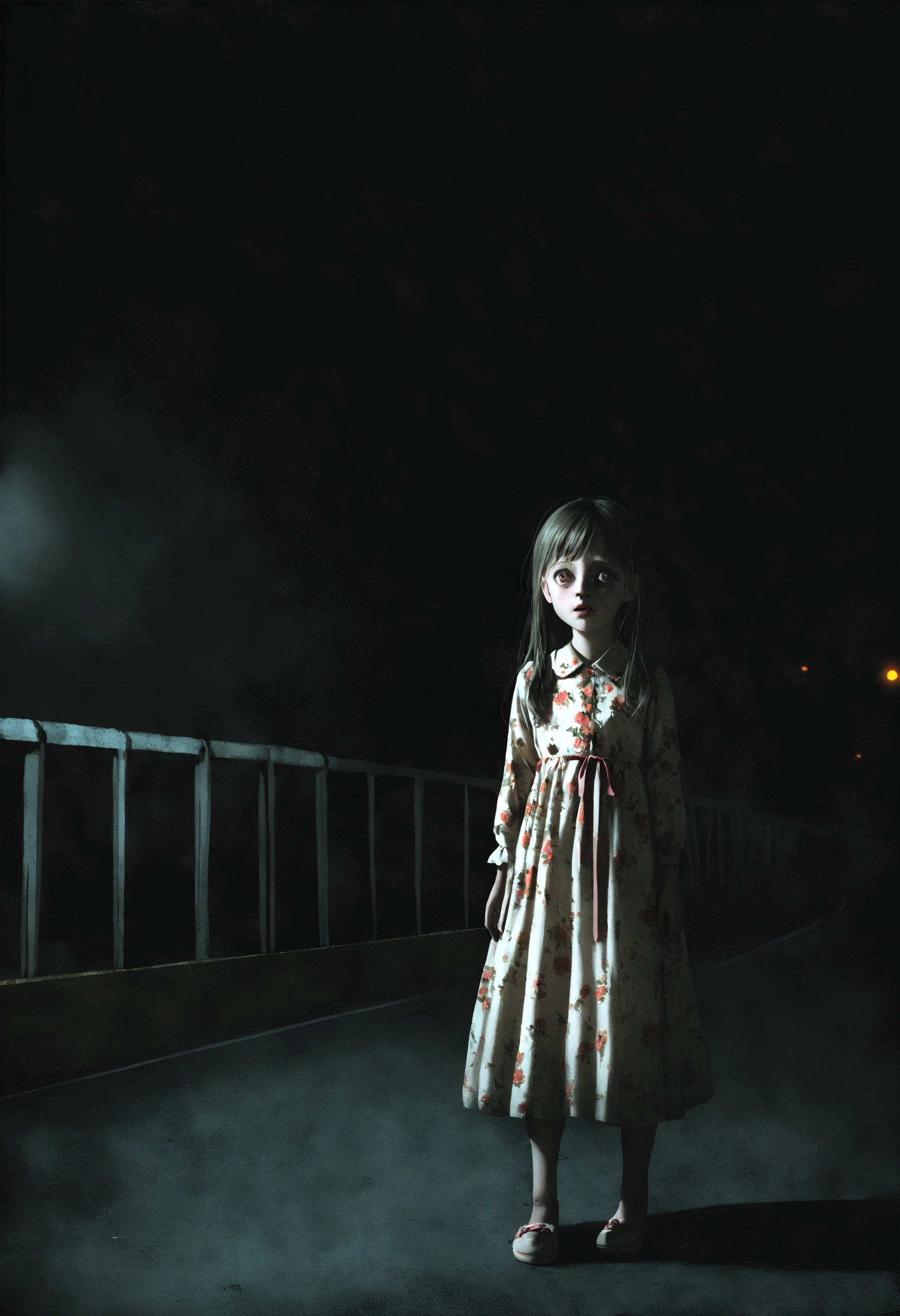 9 year old girl, wearing a floral dress, standing on the side of a highway, macabre look, horror film photography, night scene