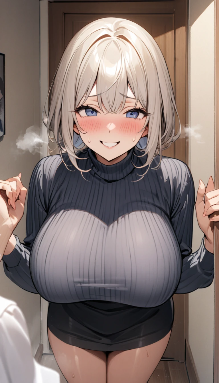 /(Modern house interior/),Open the front door、invite、 Only one woman, Mature Woman, /(blue ribbed Sweater/), bangs, A gentle, blushing smile, (Masterpiece Top quality:1.2) Delicate illustrations, Very detailed, Large Breasts、My chest is grabbed、((Sweat,vapor,Vulgarity))、Tight sweater