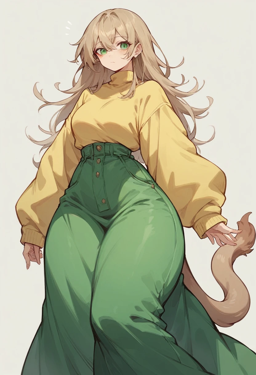 (One tall woman,Light brown hair,Hairstyle: Loose side tail,Green Eyes,Medium chest,Wide thighs)Pale yellow sweater,Long skirt in light green