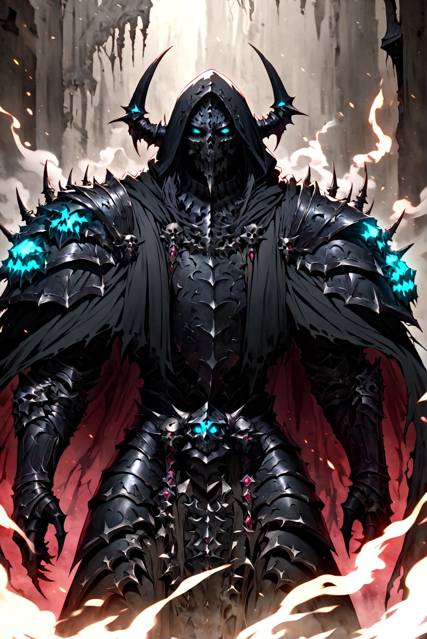 Create an image of a skeleton knight standing in smoke, neon ruby eyes, smoke coming from its mouth, upper body, looking at the viewer, absolute black cloak, absolute black death knight armor, glowing ruby ornaments, glowing ornaments, absolute black cape, absolute black hood, evil demonic intentions,