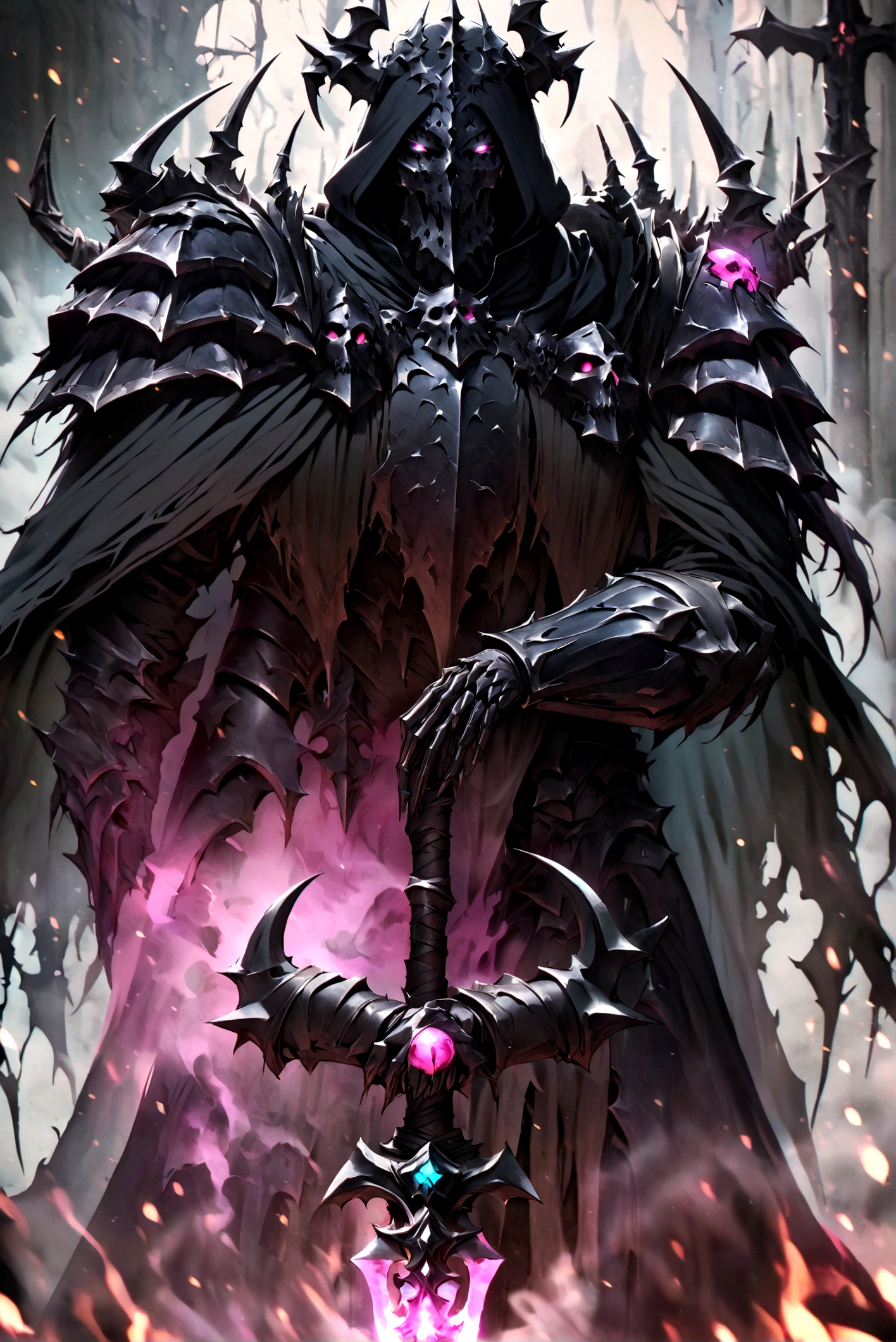 Create an image of a skeleton knight standing in smoke, neon ruby eyes, smoke coming from its mouth, upper body, looking at the viewer, absolute black cloak, absolute black death knight armor, glowing ruby ornaments, glowing ornaments, absolute black cape, absolute black hood, evil demonic intentions,