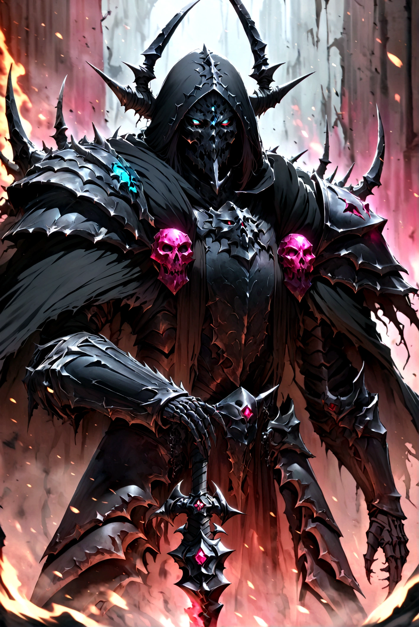 Create an image of a skeleton knight standing in smoke, neon ruby eyes, smoke coming from its mouth, upper body, looking at the viewer, absolute black cloak, absolute black death knight armor, glowing ruby ornaments, glowing ornaments, absolute black cape, absolute black hood, evil demonic intentions,