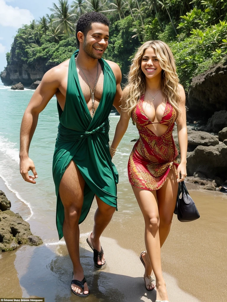 Shakira is beautiful, smiling happily, wearing a sexy wild dress, going to Bali beach