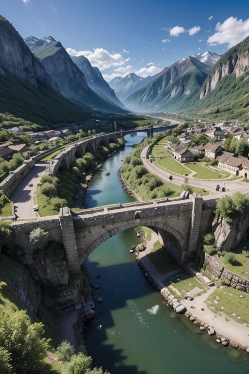 medieval kingdom, RPG Peasants and traders are on the streets, selling their wares and interacting with each other. There is a large main gate that leads into the city, with guards in armor patrolling the area. Ao fundo, majestic mountains and dense forests surround the kingdom, Creating a sense of protection and isolation. A river meanders through the landscape, with a stone bridge connecting different parts of the city.