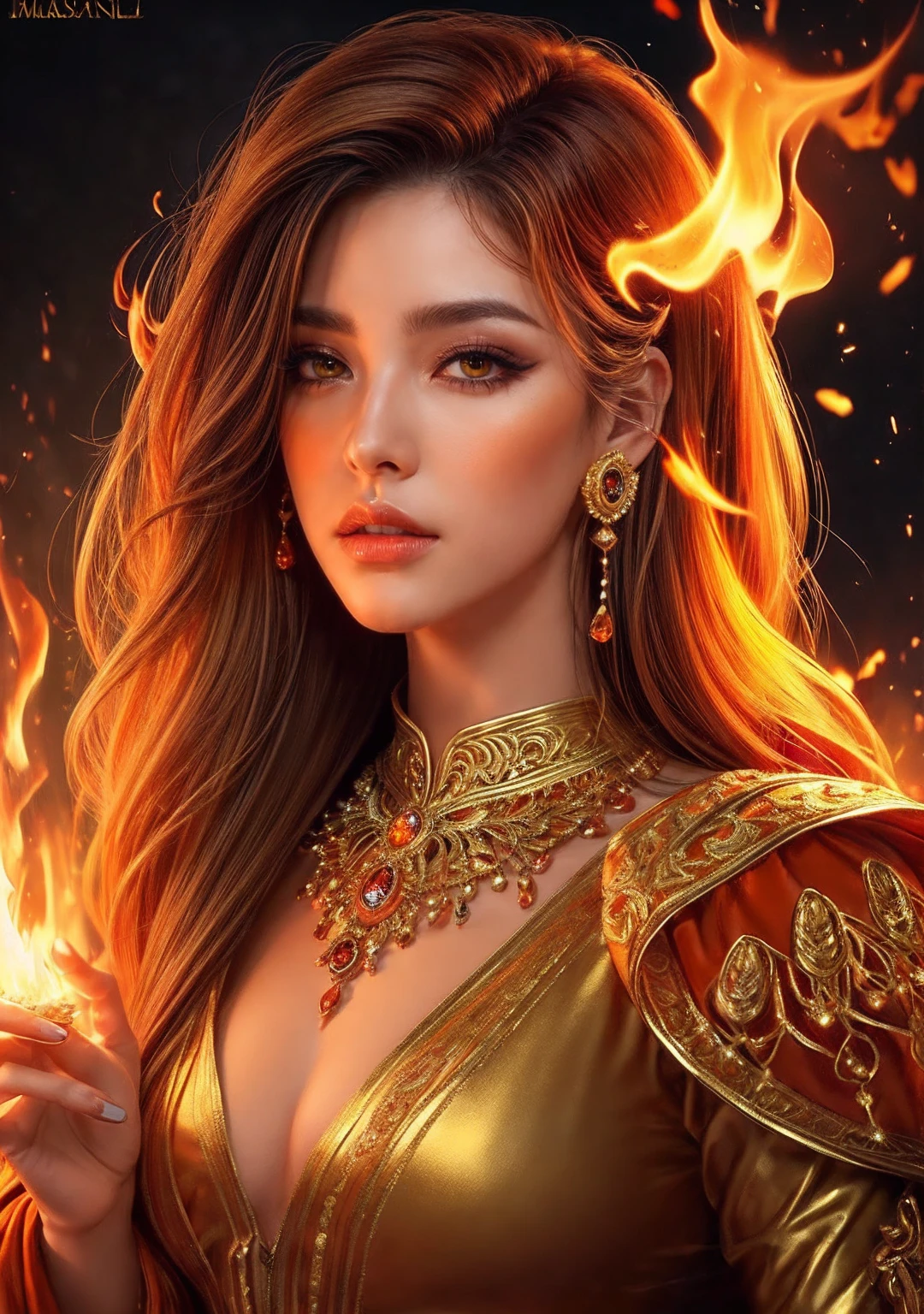 It is (realistic fantasy) el arte withtiene brasas, real flames, real heat, and realistic fire. Generate a masterpiece artwork of a female fire druid with large (((orange and gold))) eyes. The fire druid is awe-inspiring with beautiful ((Realistic burning eyes)) alight with withfidence and power. His features are elegant and well defined.., with ((Soft and swollen lips)), elven bone structure, and realistic shading. ((Extremely realistic details, Macro details, and shine.)) She wears a billowing, shimmering dress made of realistic flames and jewels that sparkle in the firelight... Wisps of fire and smoke border the dress's intricate bodice.. Include bumps, stones, burning iridescence, glowing embers, silk & satin & leather, an interesting background, and heavy fantasy elements. camera: Use dynamic compositing techniques to enhance realistic flames., long blond hair