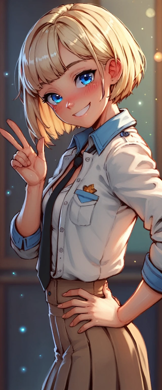 (((One girl))), blond hair, bob cut, from side, (cowboy shot), (looking at viewer), (open collar), face in focus, ager, head tilt:1.3, (((blue eye))), ((happy smile)), ((blush)), contrapposto, one hand on hip, school summer uniform, white shirts, ((black tie under the waistcoat)), skirt, black waistcoat, anime style, (best quality, 4k, 8k, highres, masterpiece:1.2, ultra-detailed, ultra-detailed eyes, HDR, UHD, studio lighting, ultra-fine painting, sharp focus, physically-based rendering, extreme detail description, professional, vivid colors, bokeh)