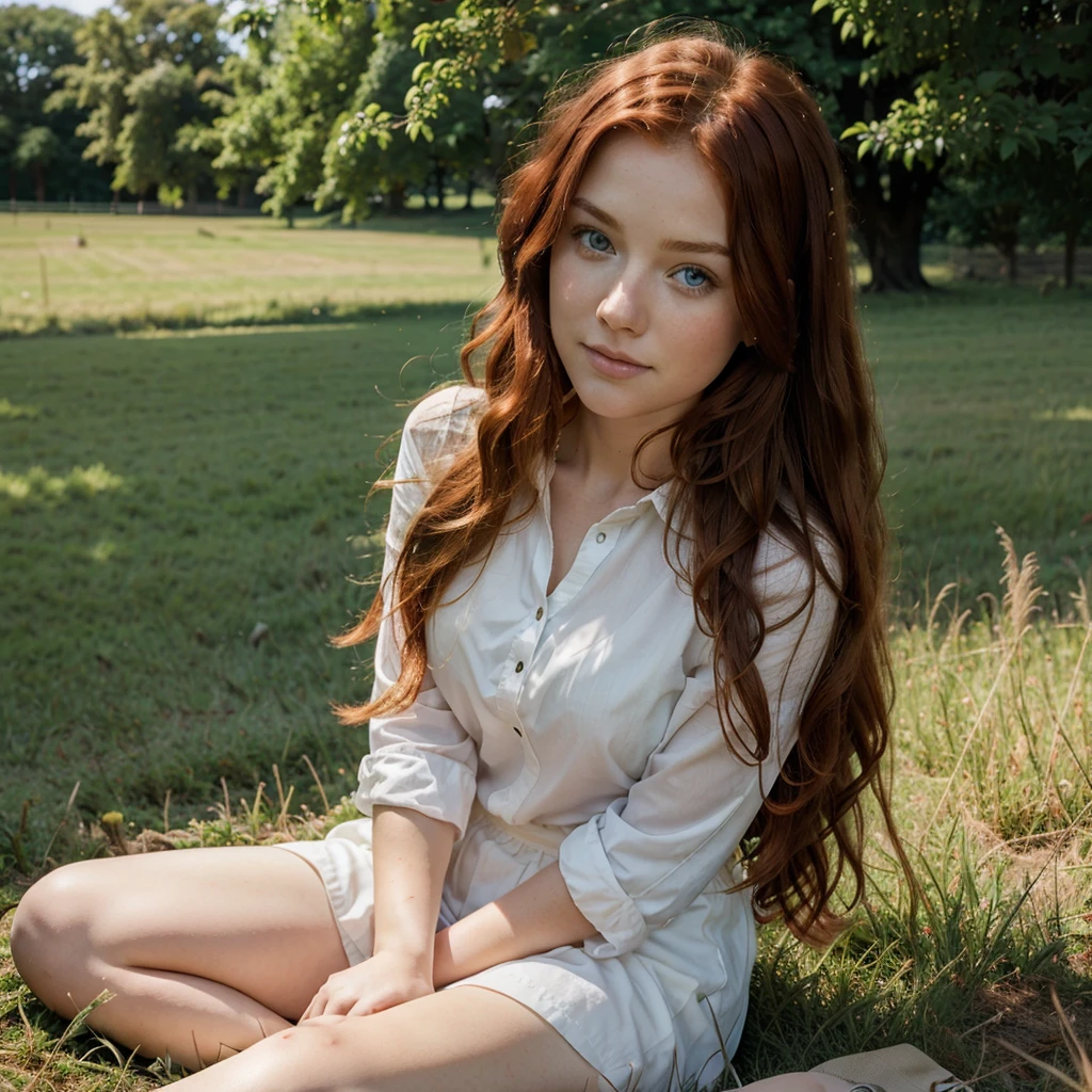 A red-haired blue-eyed princess with wavy hair sitting on a lawn in a beautiful field 