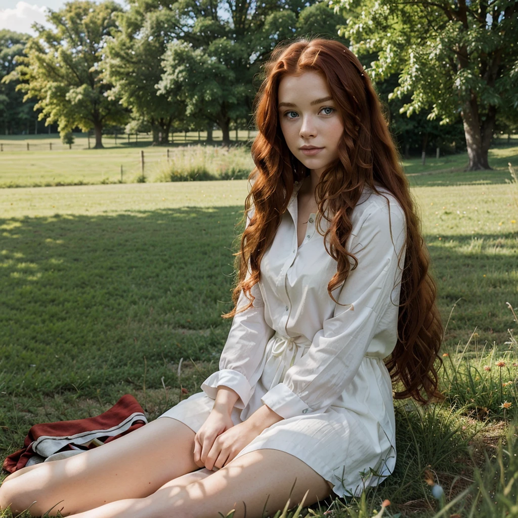 A red-haired blue-eyed princess with wavy hair sitting on a lawn in a beautiful field