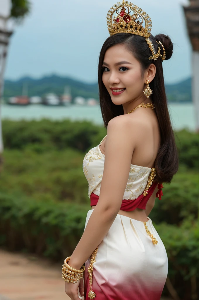 (masterpiece), best quality, ultra high res, , (princess:1.3), standing, (NSFW), lace underwear, beautiful face,( thailand tradition house:1.3),,(cute girl:1.3), ( thai white red ombre detailed traditional dress:1.3),(traditional body strap:1.2) big  ,detailed background , gloves, hair bun, , big hair_ornament, ear ornaments, ear peice, ear jewelries, big crown, big jewelry, hair_stick, jewelry, necklace, bracelets,  arms jewelry, (seductive:1.3), ( looking at viewer:1.5) , ocean,flowers, beautiful day, close eyes, enjoying the breeze ,beautiful smile, back angle 