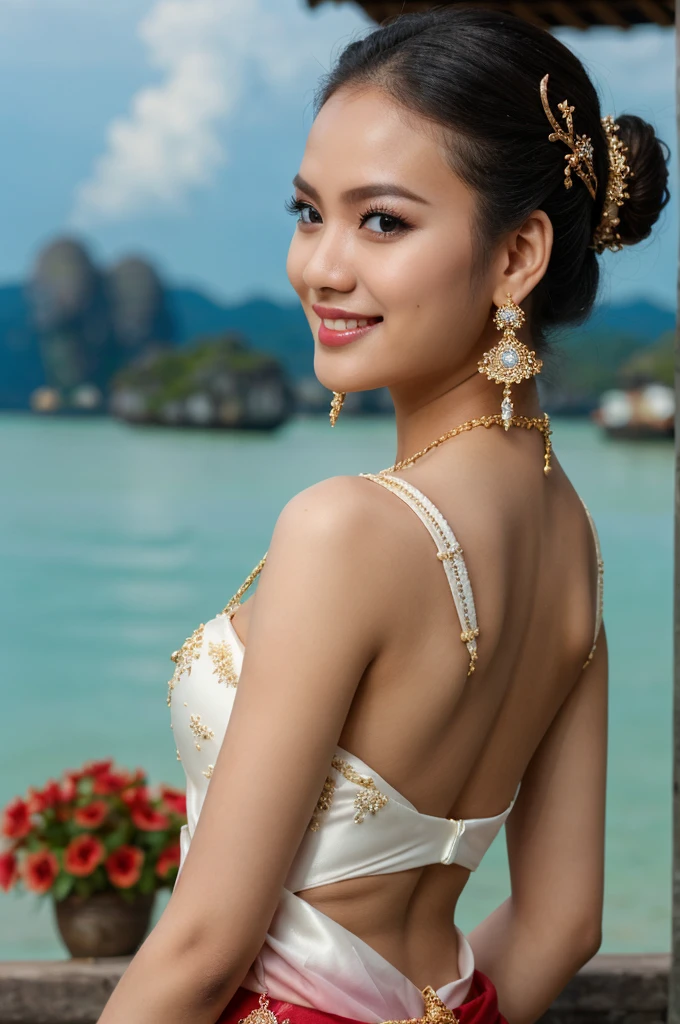 (masterpiece), best quality, ultra high res, , (princess:1.3), standing, (NSFW), lace underwear, beautiful face,( thailand tradition house:1.3),,(cute girl:1.3), ( thai white red ombre detailed traditional dress:1.3),(traditional body strap:1.2) big  ,detailed background , gloves, hair bun, , big hair_ornament, ear ornaments, ear peice, ear jewelries, big crown, big jewelry, hair_stick, jewelry, necklace, bracelets,  arms jewelry, (seductive:1.3), ( looking at viewer:1.5) , ocean,flowers, beautiful day, close eyes, enjoying the breeze ,beautiful smile, back angle 