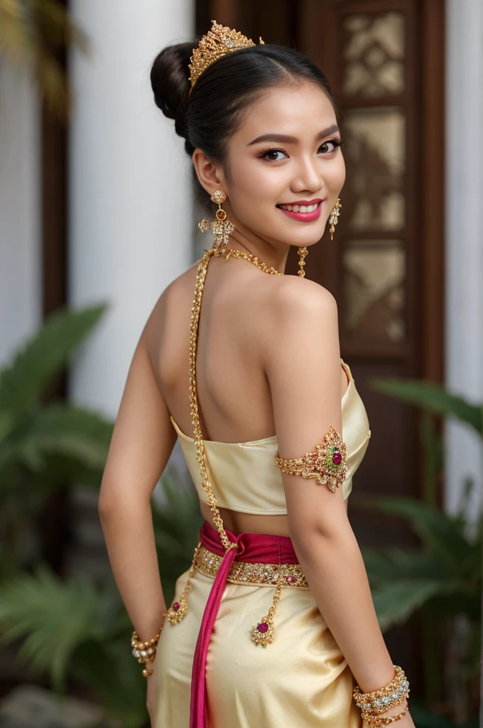 (masterpiece), best quality, ultra high res, , (princess:1.3), standing, (NSFW), lace underwear, beautiful face,( thailand tradition house:1.3),,(cute girl:1.3), ( thai white red ombre detailed traditional dress:1.3),(traditional body strap:1.2) big ,detailed background , gloves, hair bun, , big hair_ornament, ear ornaments, ear peice, ear jewelries, big crown, big jewelry, hair_stick, jewelry, necklace, bracelets, arms jewelry, (seductive:1.3), ( looking at viewer:1.5) , ocean,flowers, beautiful day, close eyes, enjoying the breeze ,beautiful smile, back angle