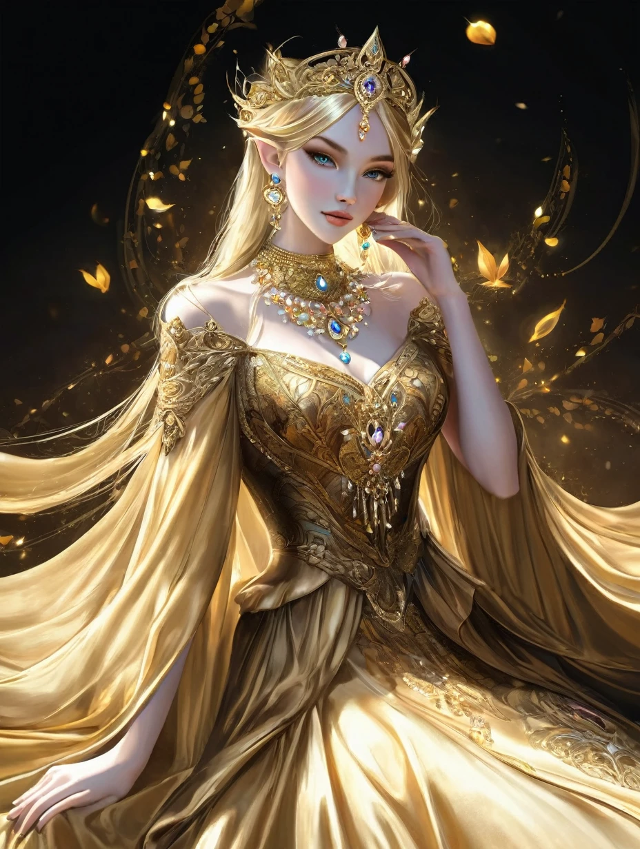 blond woman in a golden dress with a jewel necklace and earrings, a beautiful fantasy empress, ((a beautiful fantasy empress)), beautiful character painting, beautiful and elegant elf queen, fantasy art style, gilded lotus princess, anime fantasy illustration, extremely detailed artgerm, beautiful alluring anime woman, elegant gold skin, by Yang J, blonde - haired princess