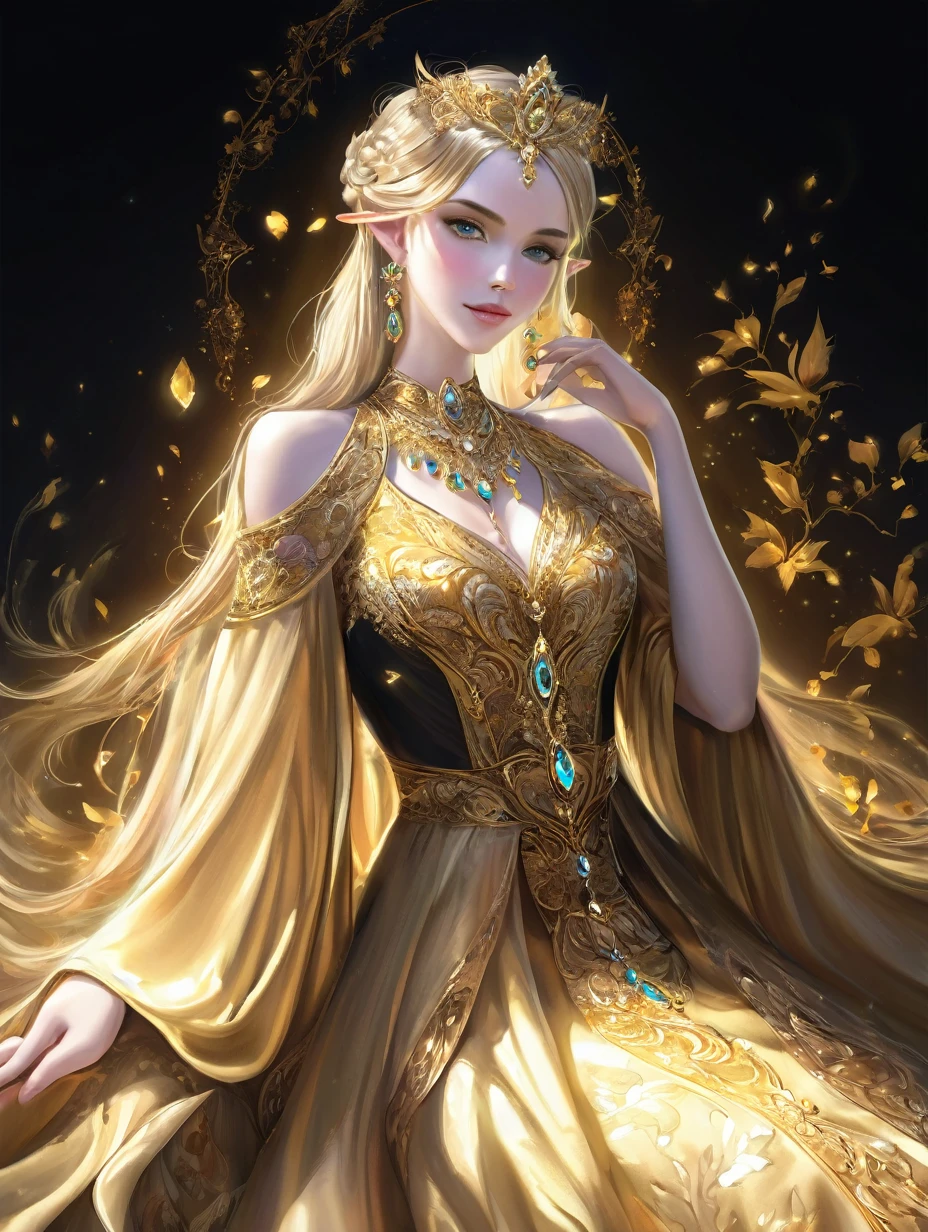 blond woman in a golden dress with a jewel necklace and earrings, a beautiful fantasy empress, ((a beautiful fantasy empress)), beautiful character painting, beautiful and elegant elf queen, fantasy art style, gilded lotus princess, anime fantasy illustration, extremely detailed artgerm, beautiful alluring anime woman, elegant gold skin, by Yang J, blonde - haired princess