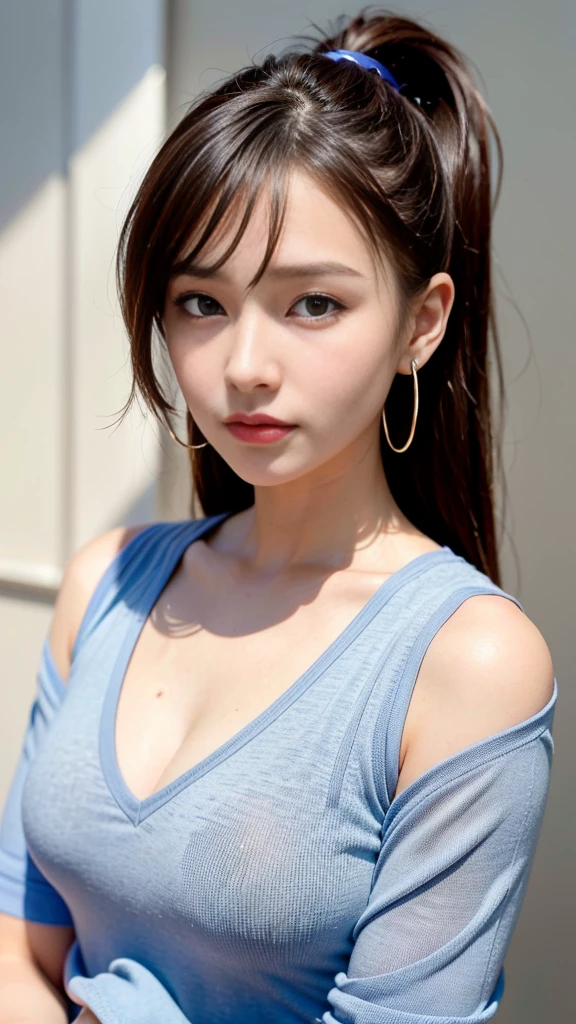 Mix 4, (16K, RAW Photos, Best image quality, masterpiece: 1.45), (Realistic, Photorealistic: 1.37), A girl in a , cute, Cityscape,, Professional Lighting, Photon Mapping, School classroom, Physically Based Rendering, Dark brown hair,Ponytail Hairstyles, Beautifully groomed eyes、((double eyelid))、super cute girl, Highest quality photos, High resolution, 1080P, (Clear Face), (Detailed facial depiction), (Detailed description of the hand), (masterpiece), (Detailed CG)、Extreme light and shadow、Messy Hair、masterpiece、Rich details、(Detailed facial features)、(Highest quality photos)、(Masseter muscle area)、(Detailed eyes)、Look in front of you、Thin clavicle、((Thin and large))、((A proper idol))、Earrings、Don&#39;t draw thin lines、(((Symmetrical eyes)))、shirt unbuttoned and open, nipples visible, not wearing bra, not wearing panties, lying on bed, viewer can see female genitalia and nipples, front, provocative smile on viewer's face, Full body figure, baby face, Bold Pose, Big breasts, Crotch open, Squatting cowgirl,