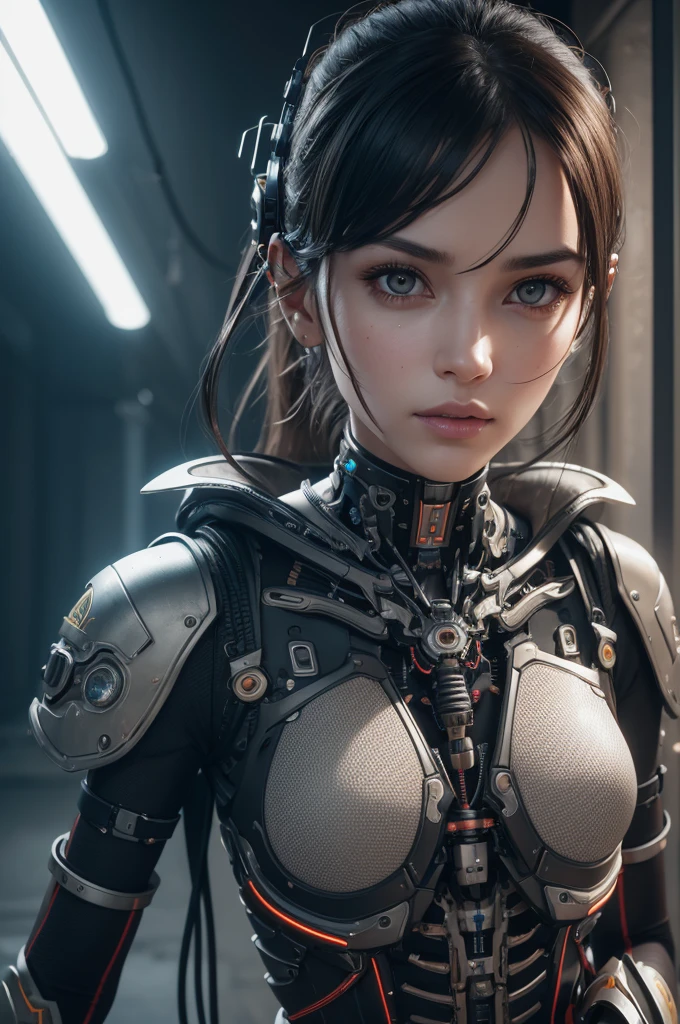 1 mechanical girl,((ultra realisticdetails)), portraite, global illumination, eyeshadows, octane rendering, 8K, ultra sharp,metals,intricate, detailed ornaments, cool colours, Egyptian detail, highly intricate details, realistic light, trends at CGsociety, glare eyes, front camera, neon details, mechanical members,blood vessels connected to tubes,mechanical vertebra attached to the back,mechanical cervical attaching to the neck,sitting down,wires and cables connected to the head