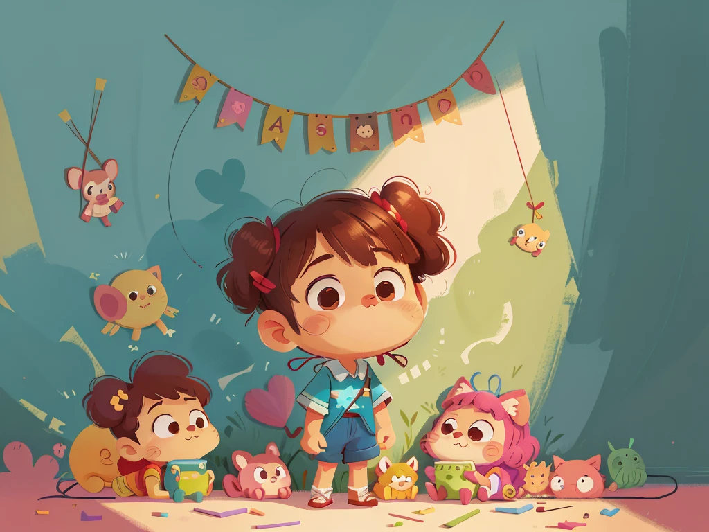 This illustration is a 4K high-definition illustration,The facial features are rich in detail,Cartoon Style,Cartoon Animals 5.1,cute,A toy,There are scattered toys around,There are ribbons hanging down from the wall,nobody,Only toys