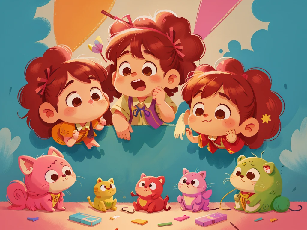 This illustration is a 4K high-definition illustration，The facial features are rich in detail，Cartoon Style，Cartoon Animals 5.1，cute，A toy，There are tered toys around，There are ribbons hanging down from the wall，nobody，Only toys