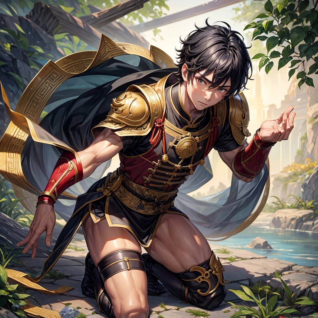 (Best Quality, Masterpiece), 1 boy kneeling. muscular chinese. short black hair, slanted honey-colored eyes, dark complexion. ancient chinese warrior costume.