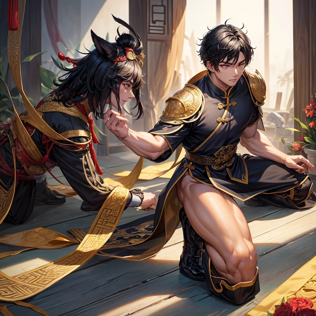 (Best Quality, Masterpiece), 1 boy kneeling. muscular chinese. short black hair, slanted honey-colored eyes, dark complexion. ancient chinese warrior costume. 