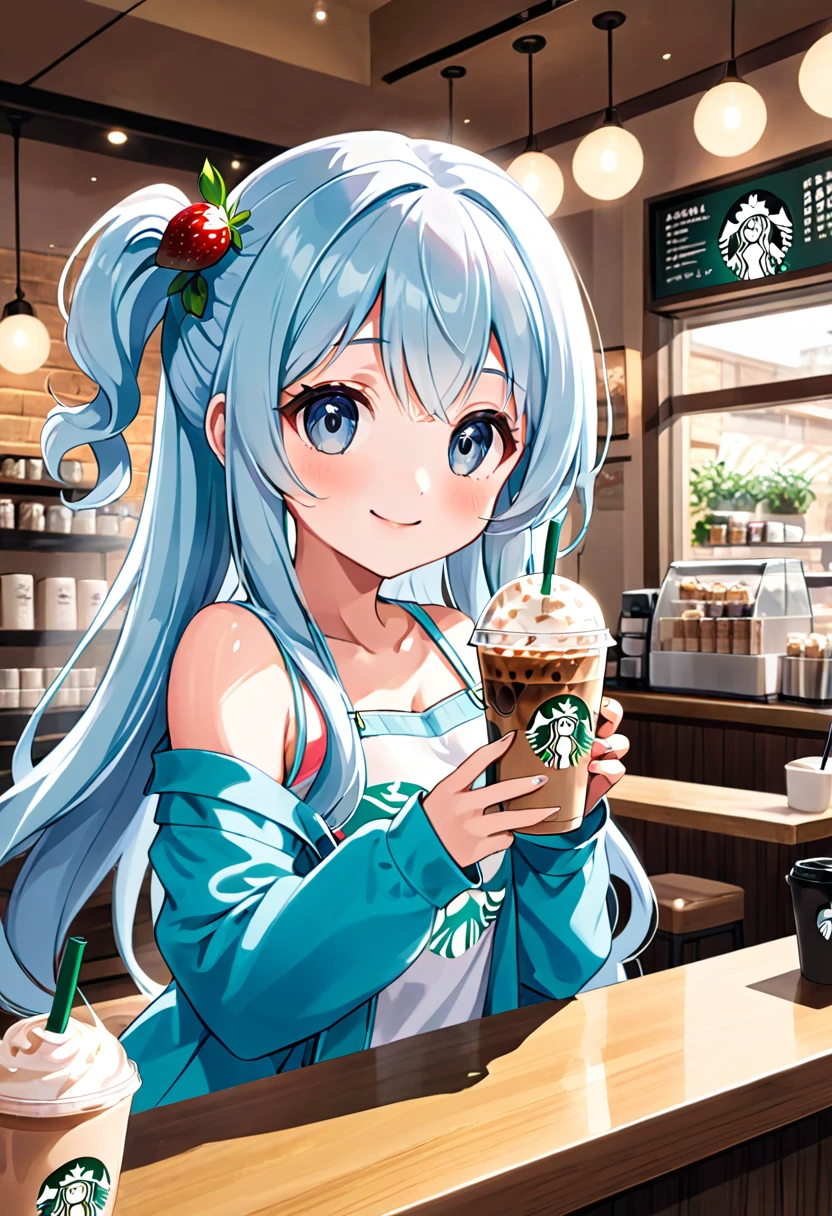 アニメのちびキャラ drinking starbucks coffee with a straw in her hand, A lively Starbucks interior、Light blue long hair、Twin-tailed anime chibi character、A cute anime chibi character with a bright smile,  (Anime Girls), Cute girl anime visuals, Mysterious Coffee Shop Girl, young Anime Girls, Beautiful anime art style, Anime illustration, beautiful Anime Girls, Drink strawberry iced latte