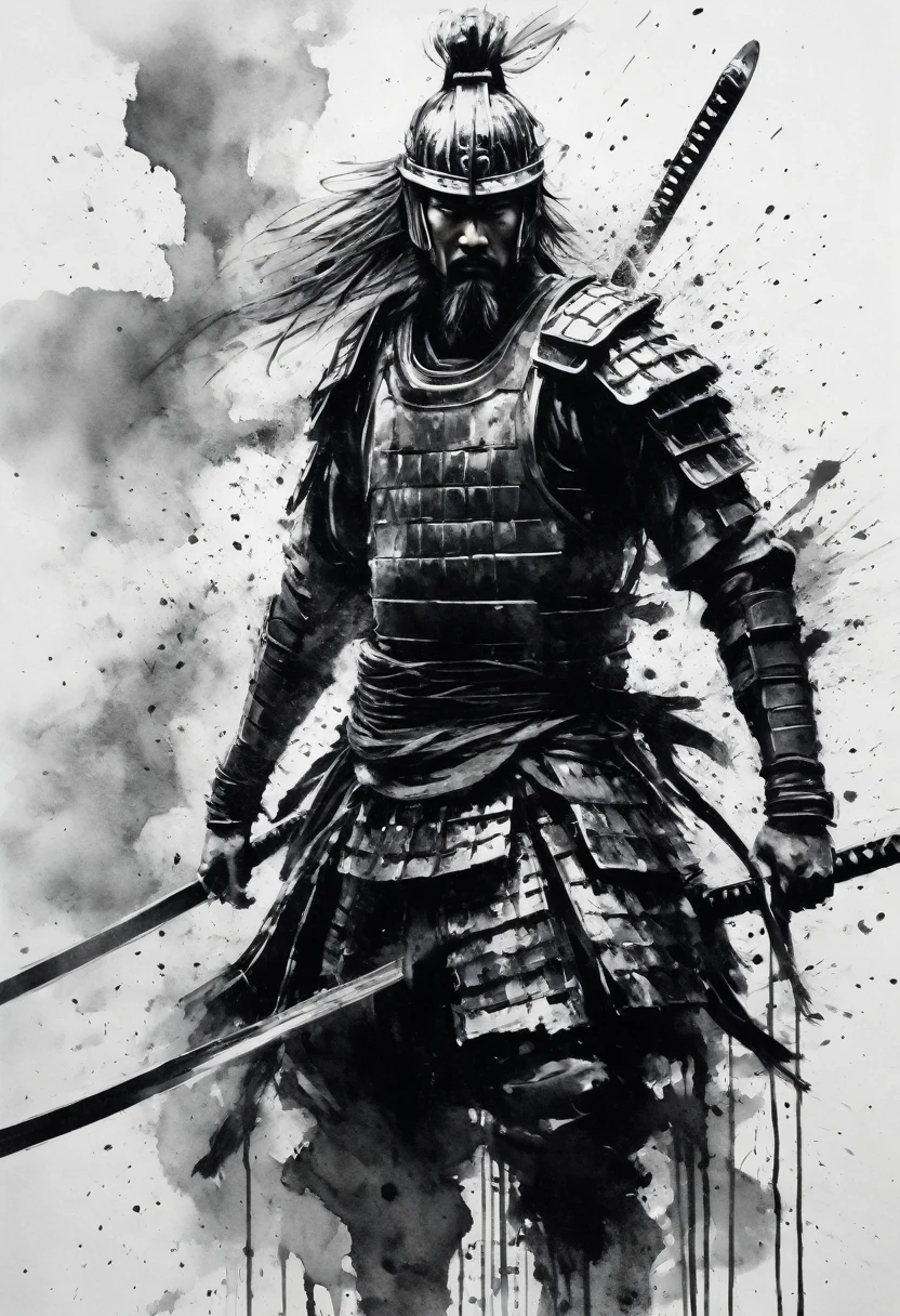 Black and white painting,Ink Painting,splash,(Mamba Hair:1.2),(from below,full body:1.1),Warrior,detailed beautiful face,Beard,(samurai armor),(Expressing backlighting:1.2),