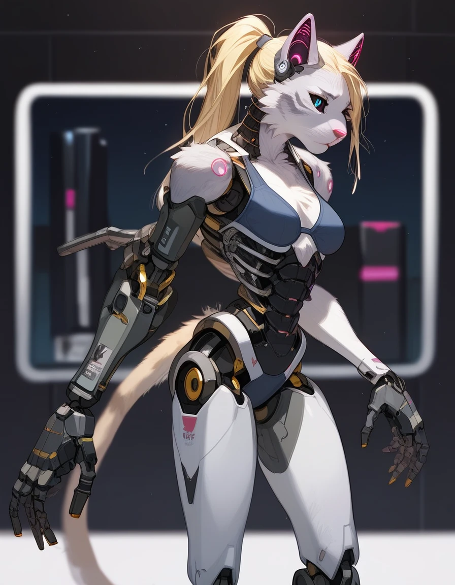 , score_9,score_8_up,score_7_up, (The ultra-detailed)、8K、(Very noble and beautiful))、Cinematic Light、((1 Mechanical anthropomorphic feline girl, Kat, blonde hair in a ponytail, pink nose, :3, silver fur, )) black ceramic body、luminescent android blue eyes, black sclera 、(Mechanical joint:1.4)、((Mechanical limb)), (Mechanical spine attached to the back))、((Mechanical cervical vertebrae attached to neck)), neon details、Science fiction, The background is Cyberpunk City、standing