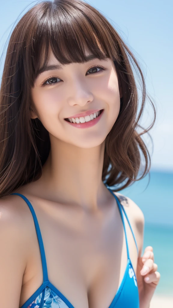 Real、Women's 1、Lie、Angle from above、clear、I have bangs.、Age 25、Mature、Medium Breast、sex appeal、Glowing Skin、((Highest quality, In 8K, masterpiece:1.3)), smile、Floral swimsuit、bikini、Beach、Ocean、Brown haired、(Blunt bangs:1.2)、、Maintain the original face proportions、Broad shoulders、Brown haired、Floating Hair、Lips、lipstick、誘惑的なsmile、Permalong hair、Floating Hair、Bright sunshine,Refreshing sky
