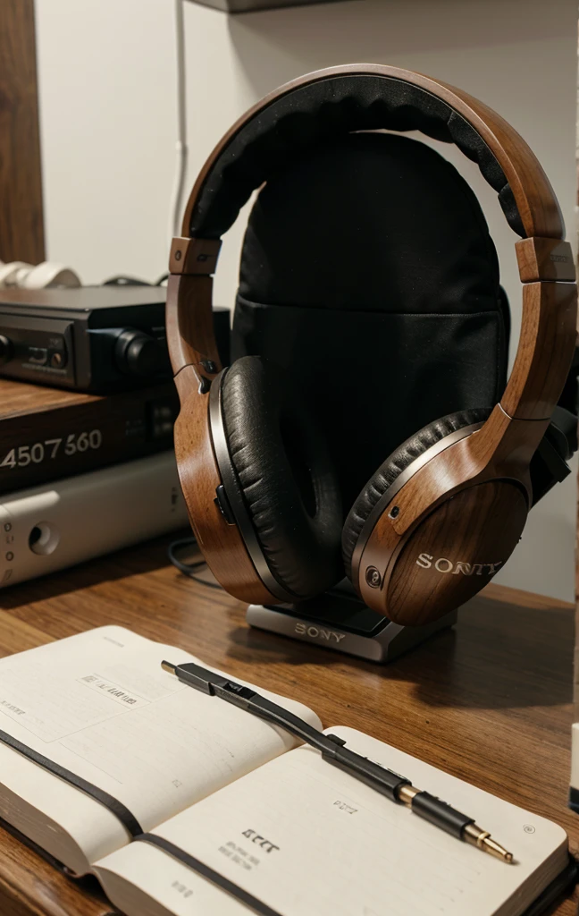 An SR60e headphone on a wooden table next to a Sony 4k camera and a notebook