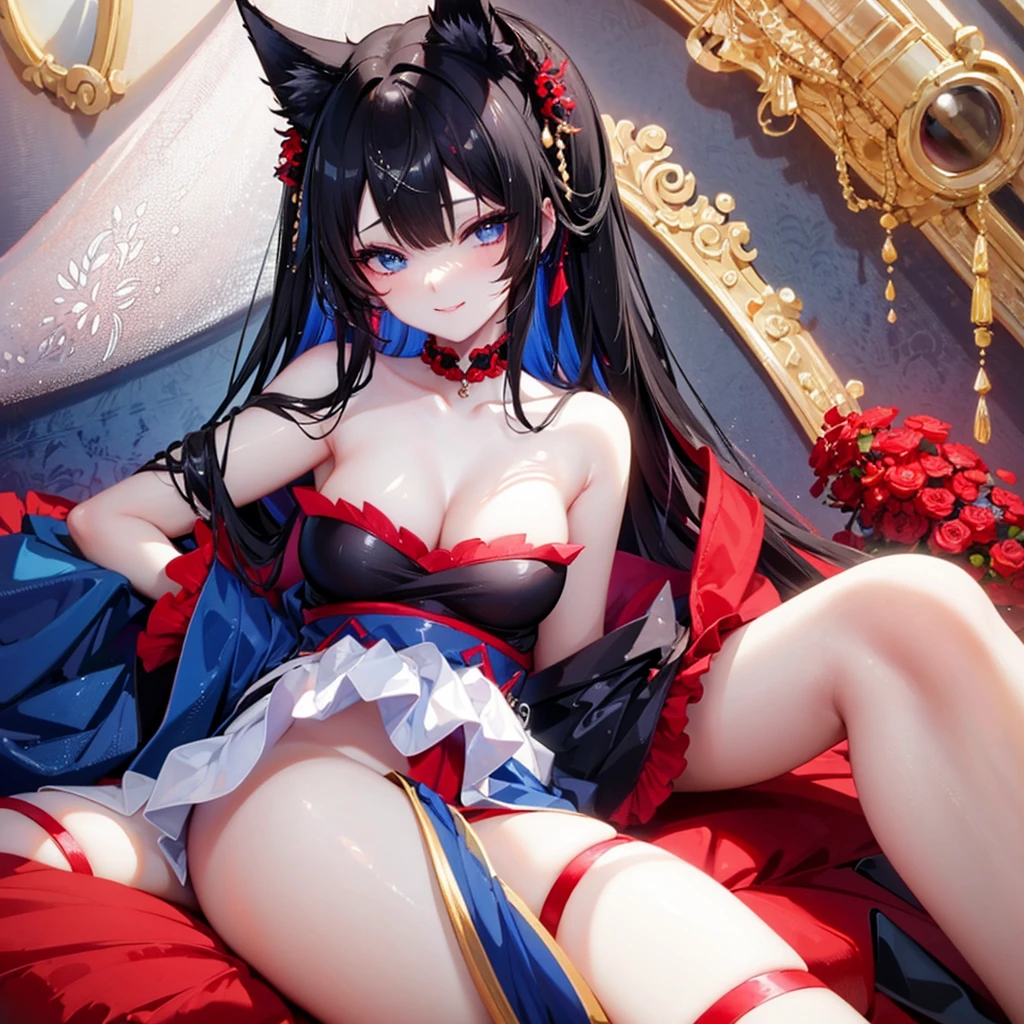 Anime painting。character1。 Black hair wolf ears。garter belt stockings。Blue dance dress costume。Adhesive Red Glasses。Blue Eyes。smile。Blushing Beauty。first round。 High angle cleavage close up。