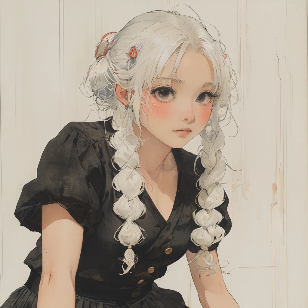 (masterpiece:1.2, best quality), 1lady, solo, , classroom, day, sit, blonde, twintails, red eyes, open collabone, darkskin, (open breasts:1.1), ((masterpiece, best quality)), (1girl), (solo), (female focus), (ahoge, white hair, short hair), black eyes, ((white shirt), (buttoned shirt)), ((black skirt), (short skirt)), standing, white background, arms behind back,
