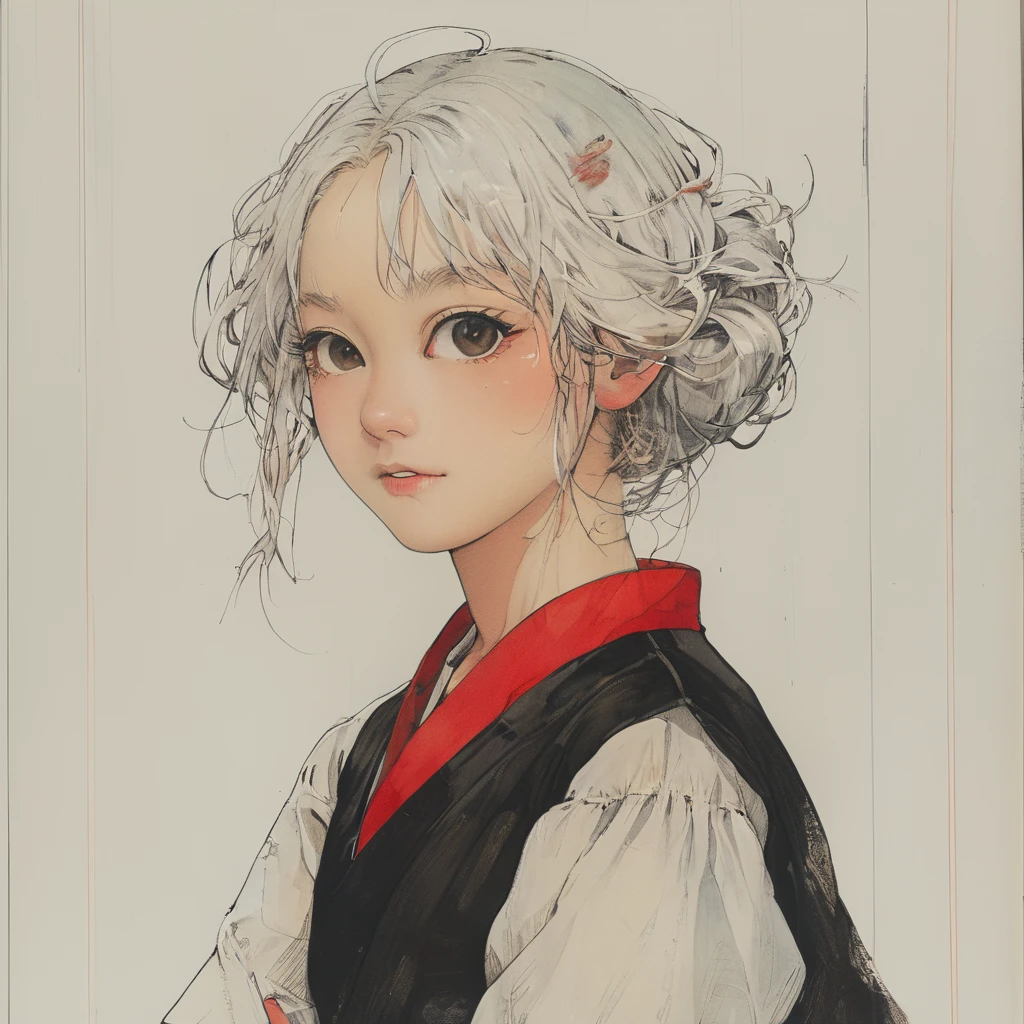 (masterpiece:1.2, best quality), 1lady, solo, , classroom, day, sit, blonde, twintails, red eyes, open collabone, darkskin, (open breasts:1.1), ((masterpiece, best quality)), (1girl), (solo), (female focus), (ahoge, white hair, short hair), black eyes, ((white shirt), (buttoned shirt)), ((black skirt), (short skirt)), standing, white background, arms behind back,