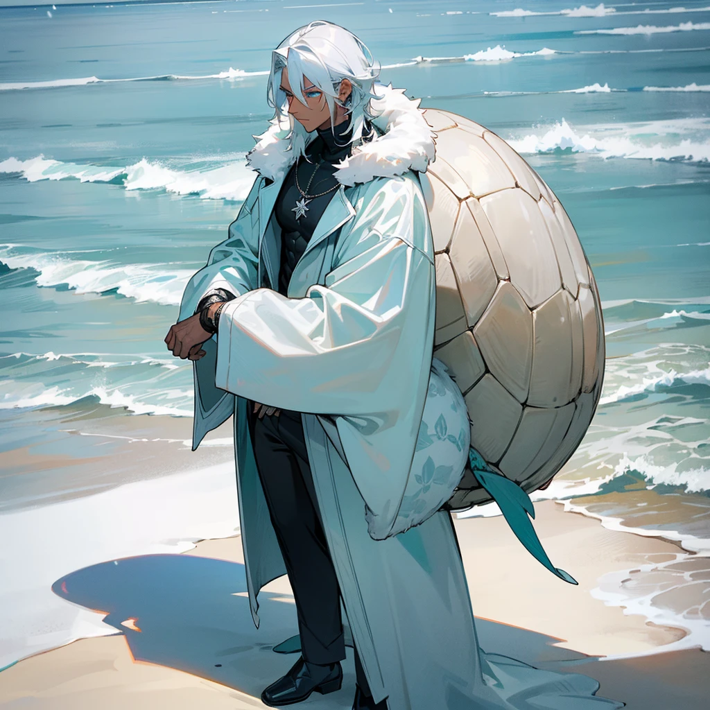 1male, young adult, dark skin, finely detailed aqua eyes, wild medium hair, seashell white hair color, long sleeve turtle neck, oversized fur coat, standing on snowy path, day time, beach, somber expression, muscular, flowers, tattoos
